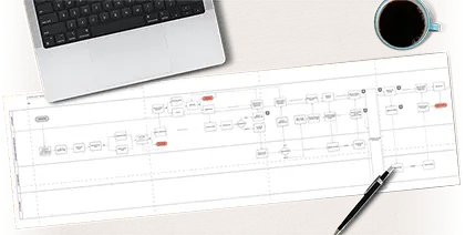 Birdseye view of a desk with open laptop, cup of coffee, and a printed diagram