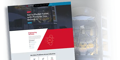 Split view of Quartus's website next to a stylized version of their logo