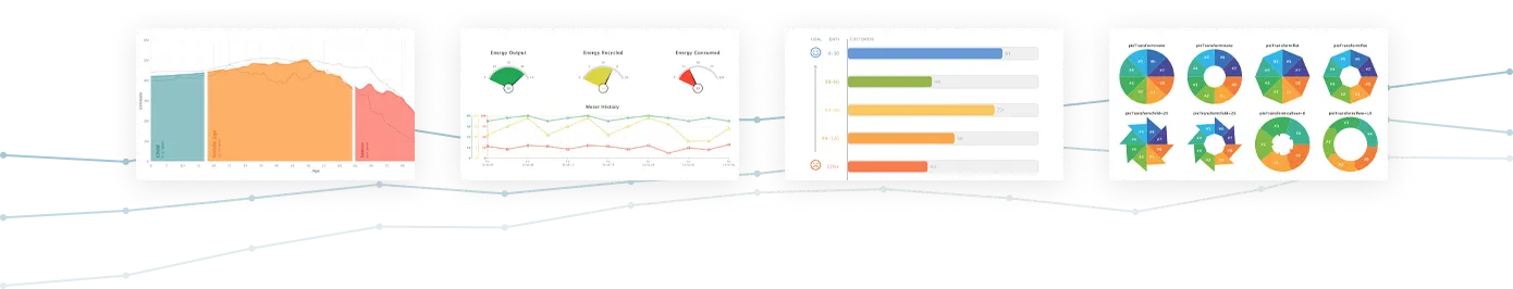 Various data visualizations laid out horizontally with stylized chart lines in the background